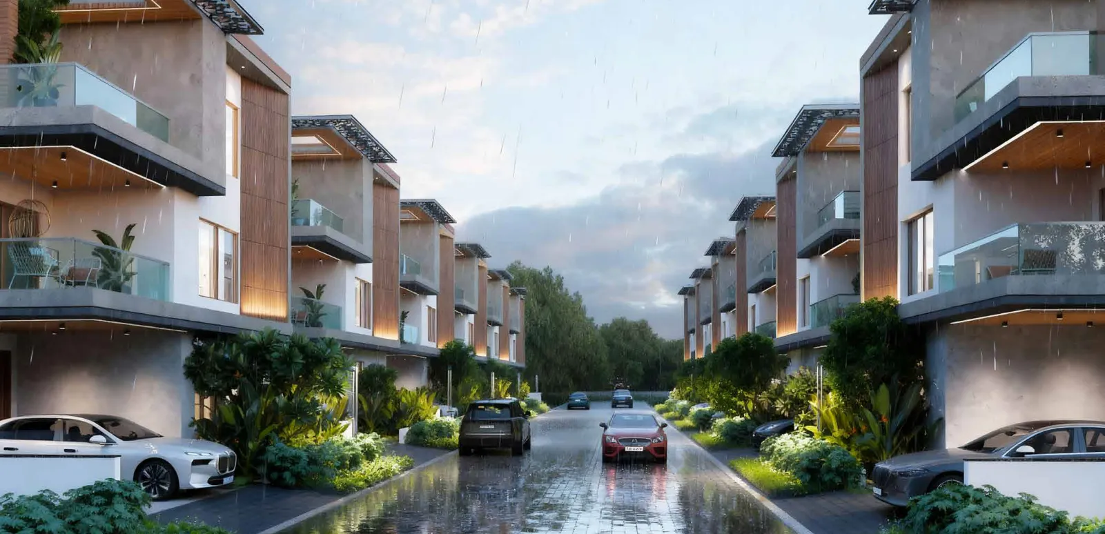Luxury villa community street in the rain