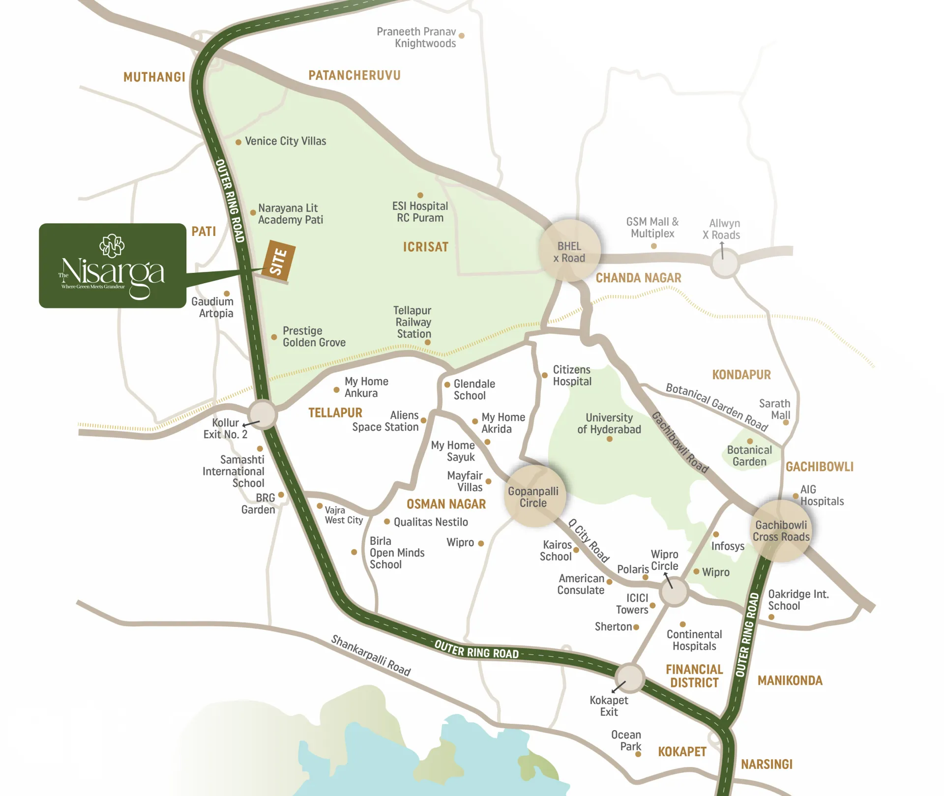 Nisarga location map showing Outer Ring Road, Tellapur, Financial District, Gachibowli, and nearby landmarks