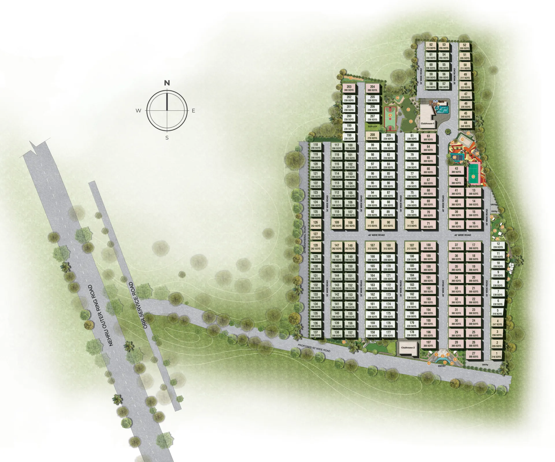 Nisarga master plan layout with villa plots, internal roads, amenities, and entry access