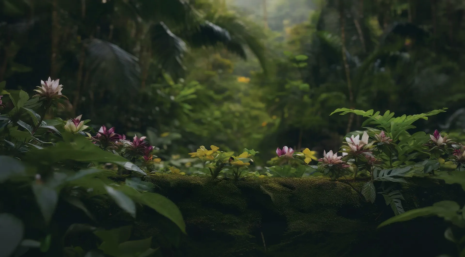 A lush forest view with flowers and soft morning light