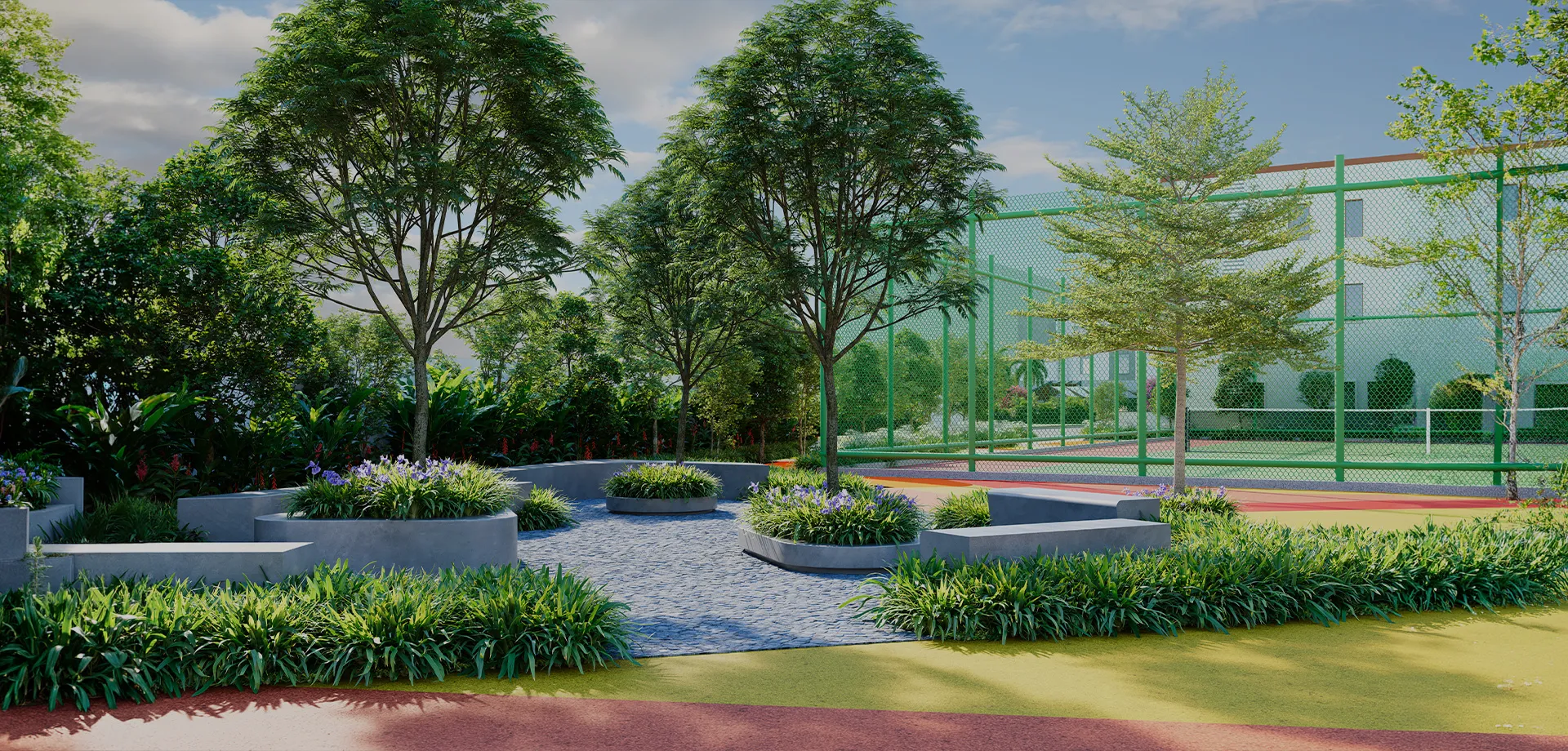 Landscaped elderly seating court beside sports courts