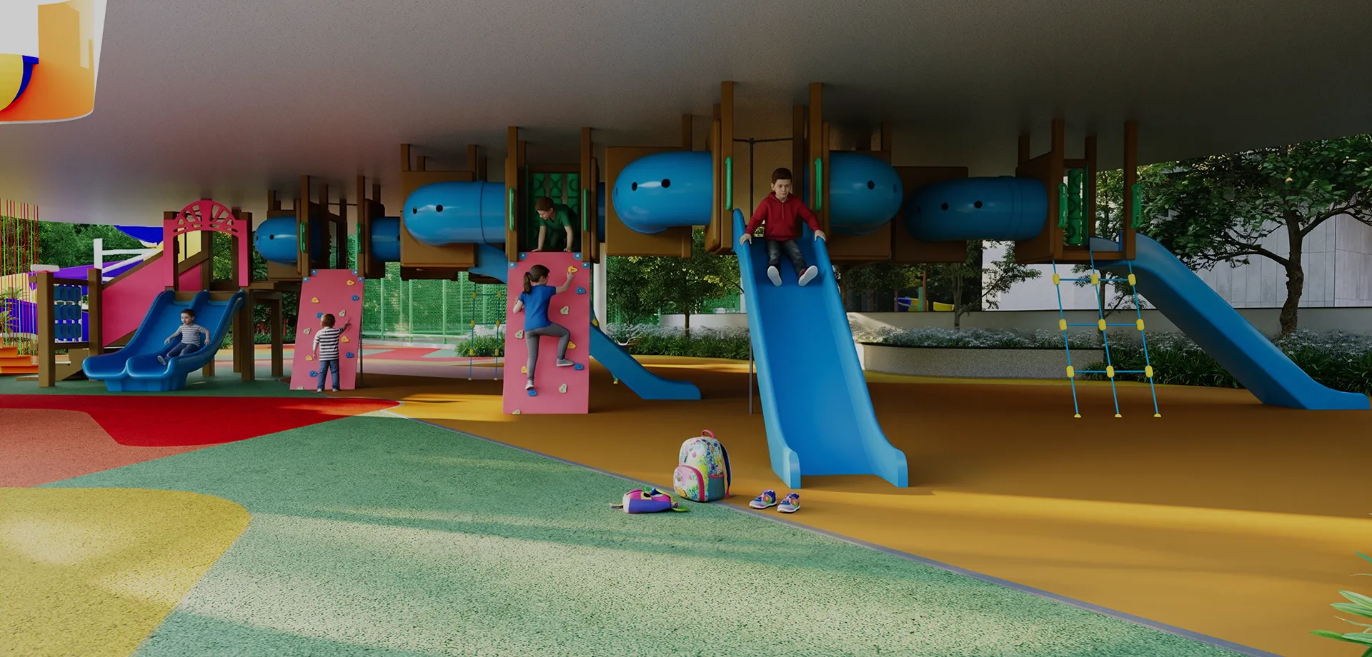 Kids' play area with slides and climbing equipment
