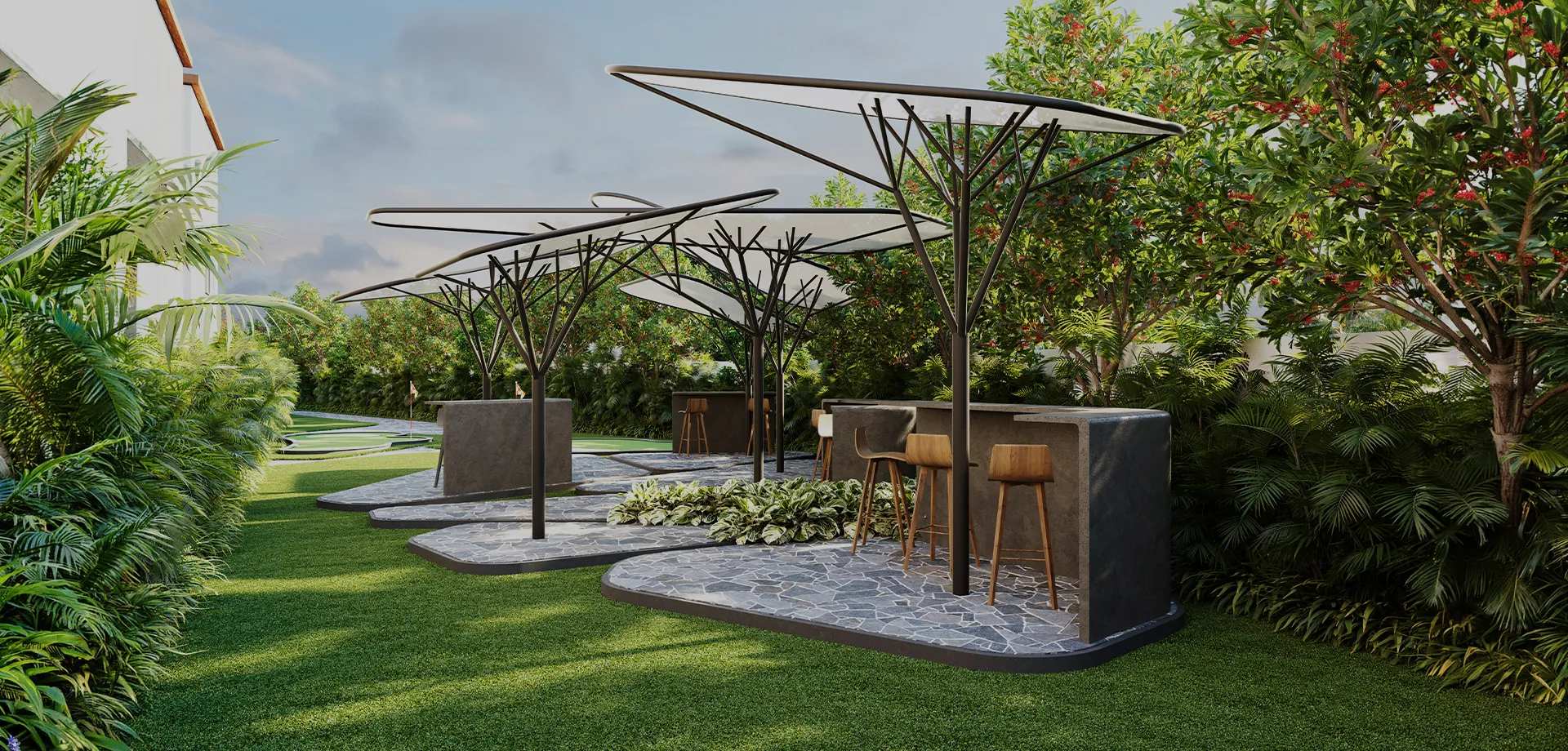 Outdoor workstations with shaded counters in greenery