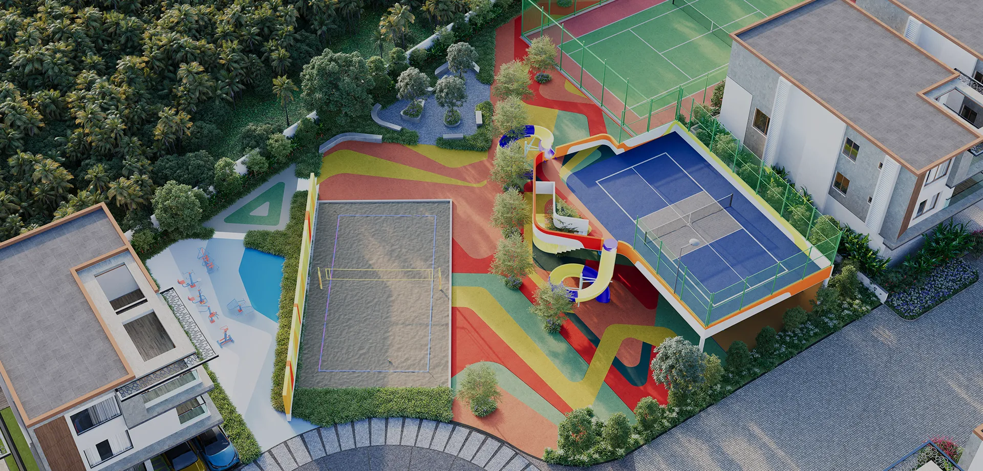 Aerial view of Club N'Finite outdoor play area and courts