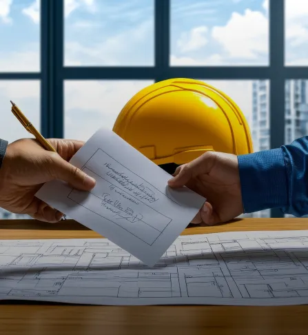 Construction plans with safety helmet